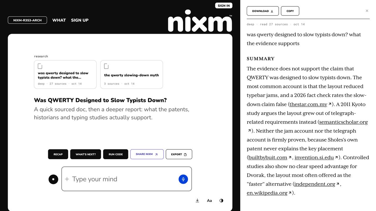 a nixm research doc open beside the chat: a direct answer, the findings, every source linked