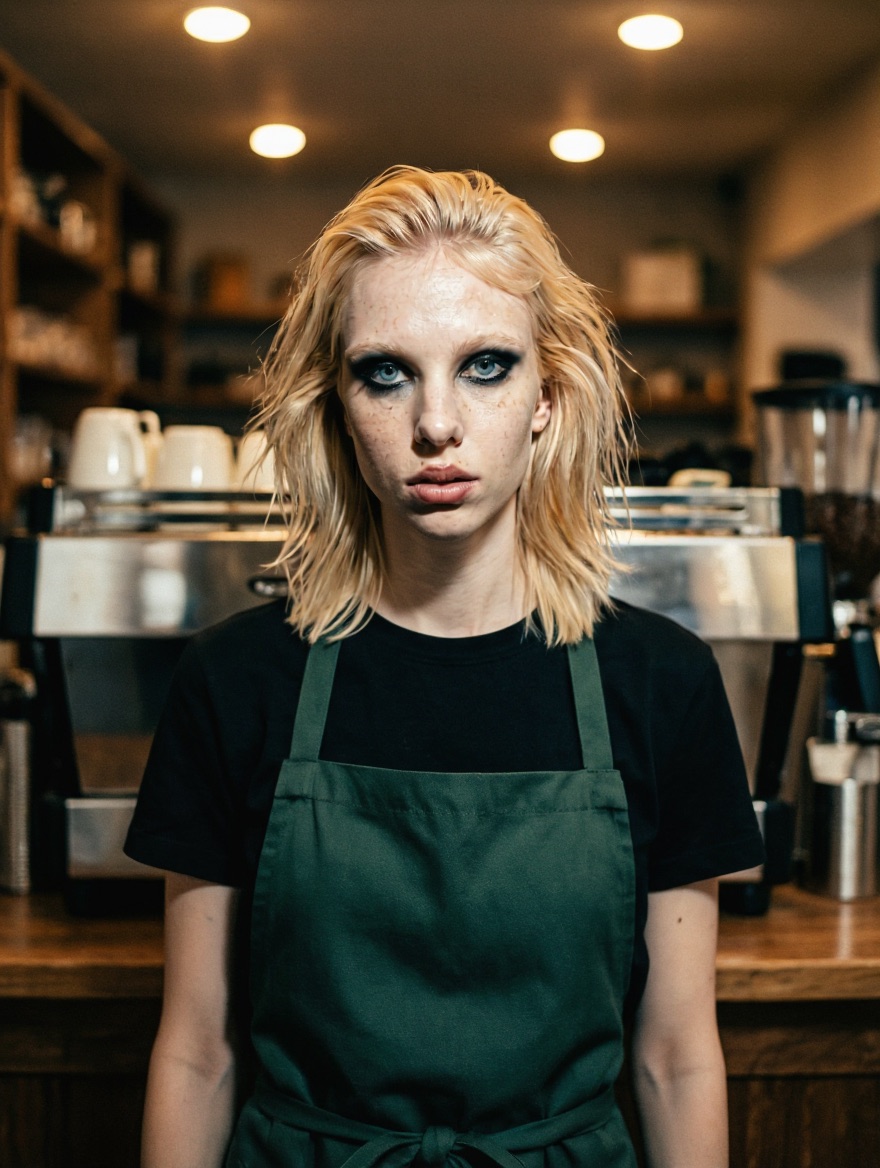 The same character in a green barista apron over a black tee at a café counter.