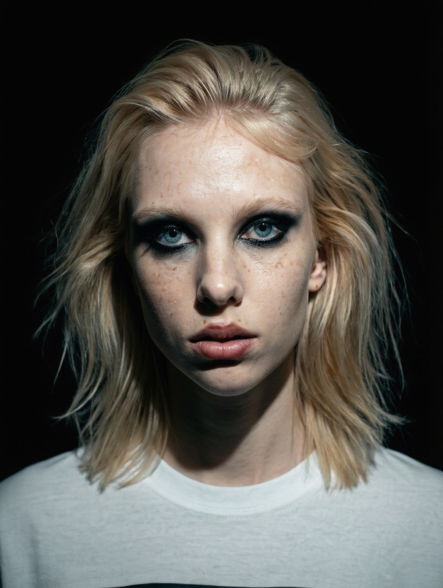 Lilly's reference still: a young woman with shoulder-length blonde hair and heavy smoky eye makeup, looking toward the camera.