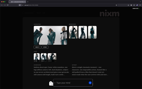 a nixm signal landing: three cast characters in one rendered scene, the cast strip beneath it, and the signal's overview